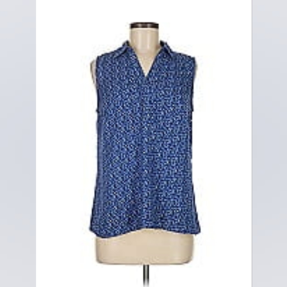 Sleeveless collared V-neck blouse, blue/black sz: M, Dana Buchman, easycare, NEW